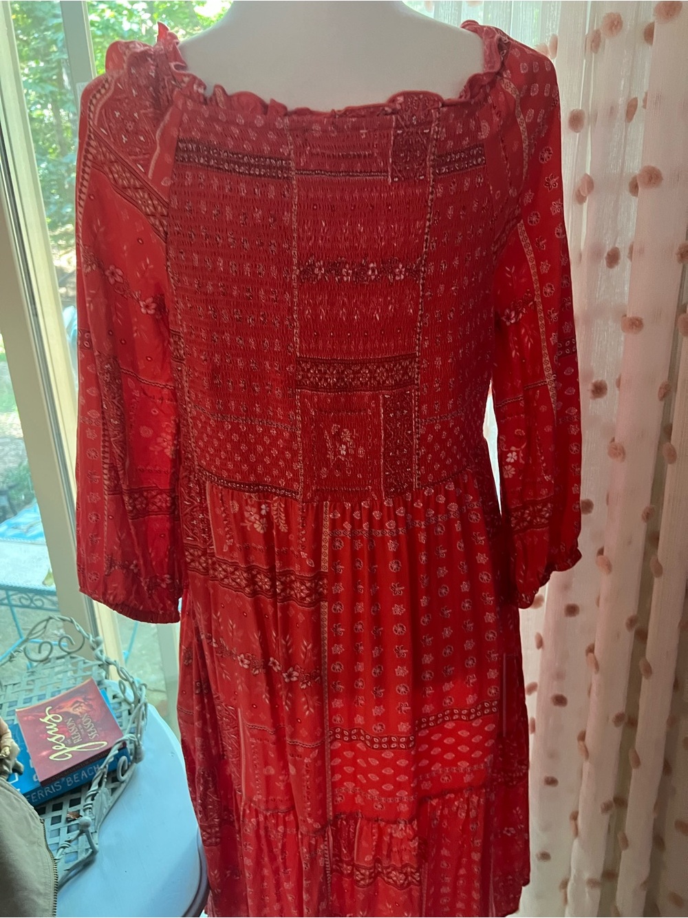 beachlunchlounge Red Patchwork Smocked Midi Dress with Square Neck
